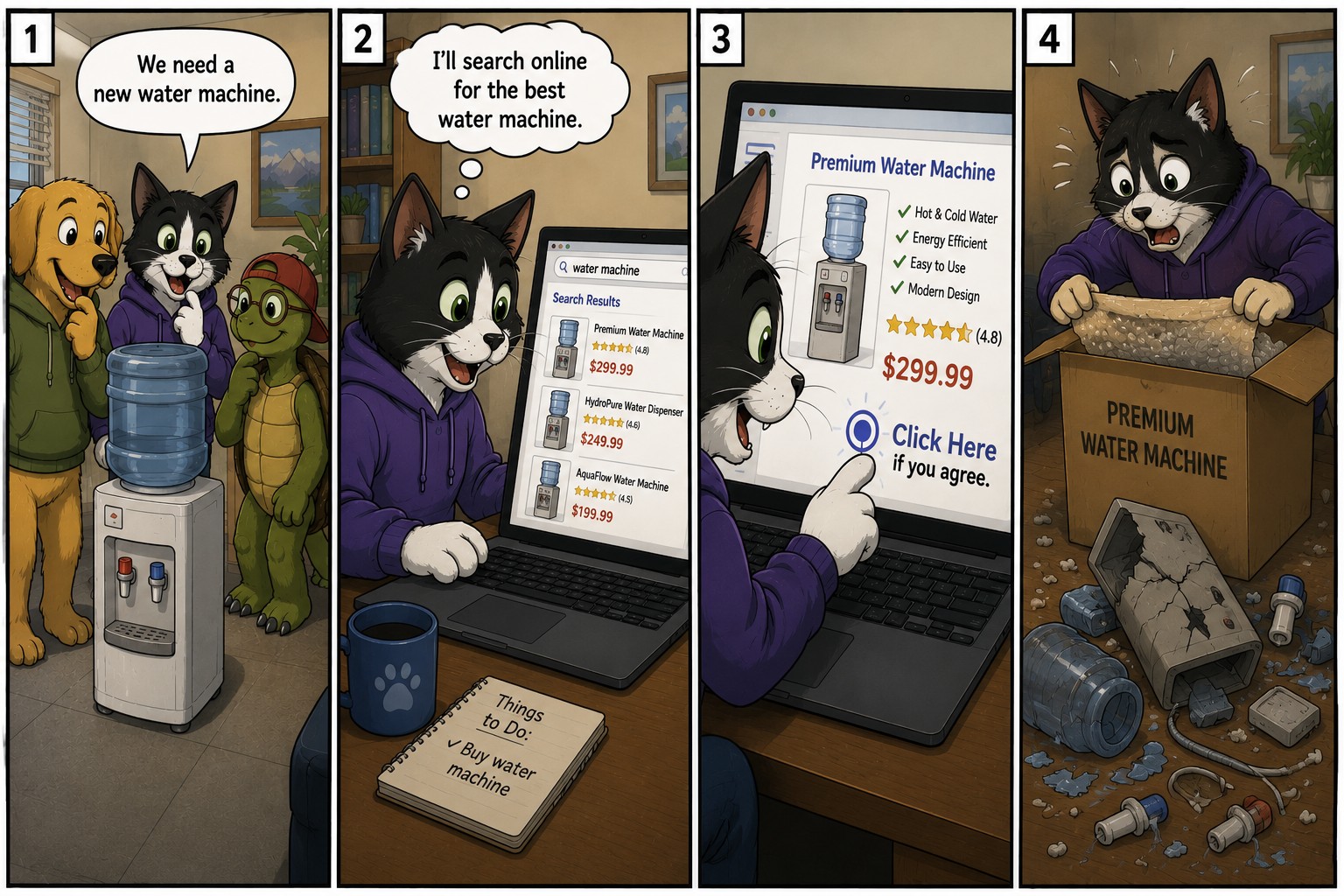 animals buying a water machine from in person to online