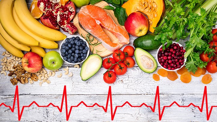 image of various fruits, vegetables, nuts, & proteins with a heart monitor graphic