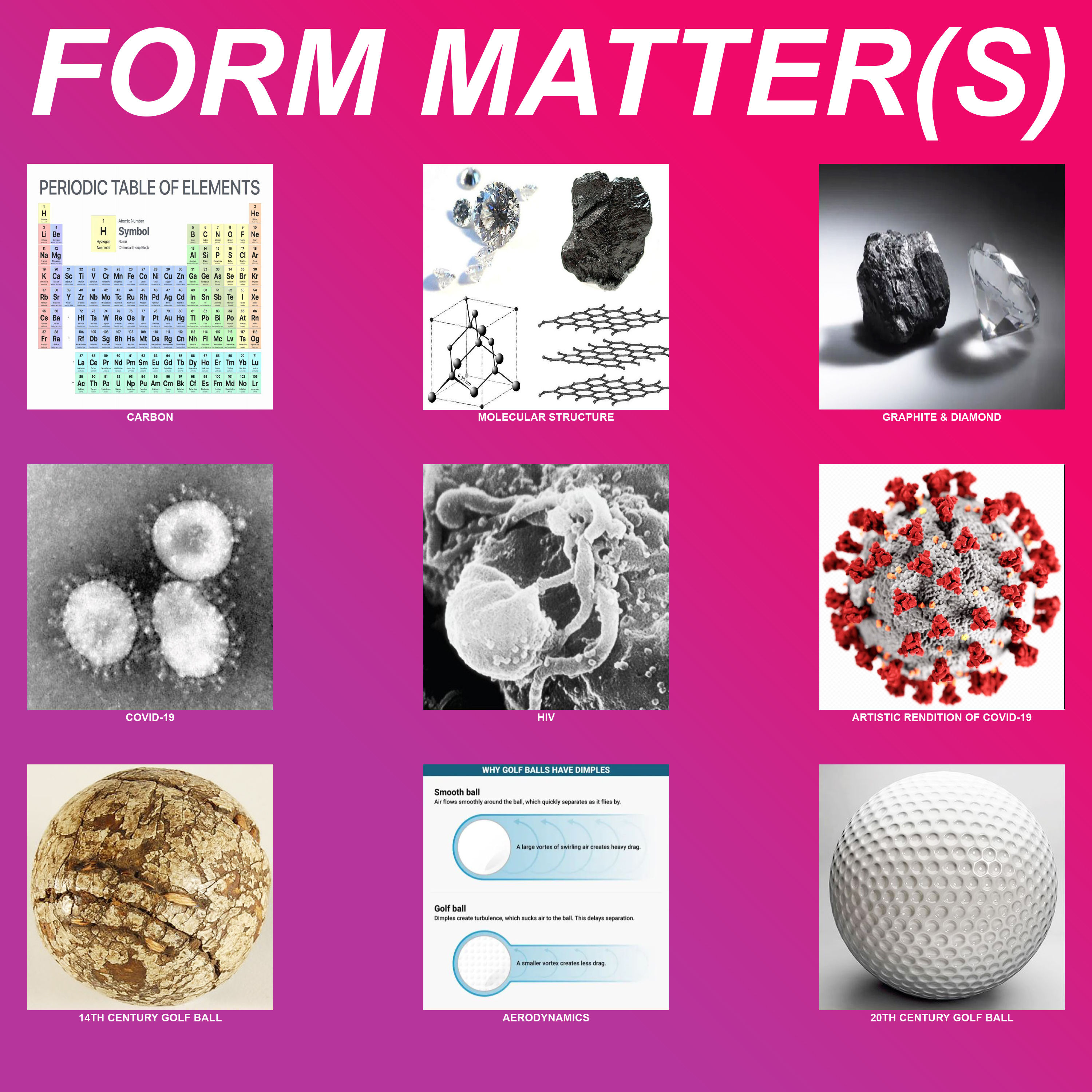 Pictures including a periodic table, microscopic images of viruses and bacteria, marble, a golf ball, crystals, and molecular structure. 