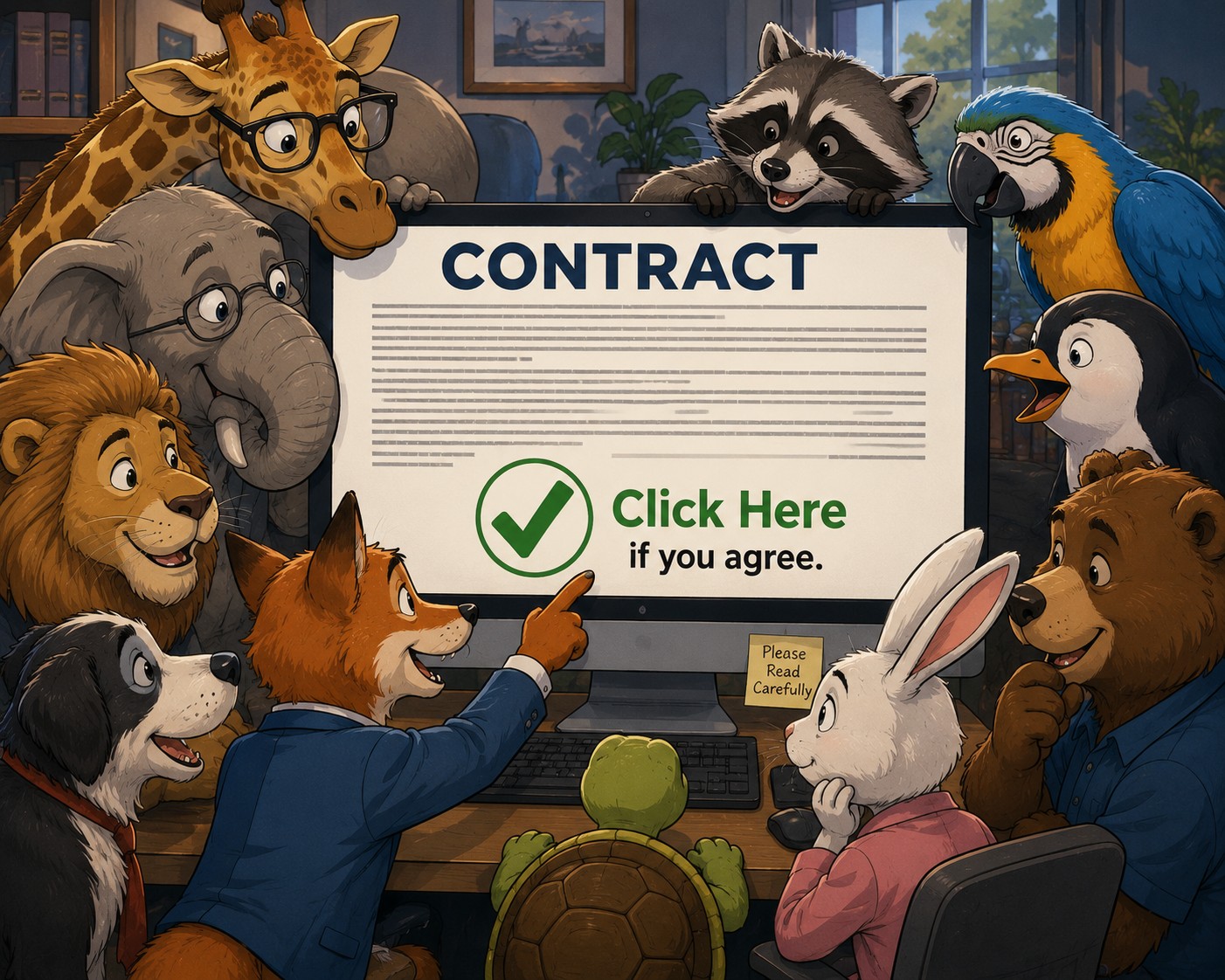 creatures looking at an image of a contract on a computer screen