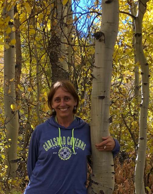 This is Mary, your professor, standing among a forest of yellow aspen trees in autumn.