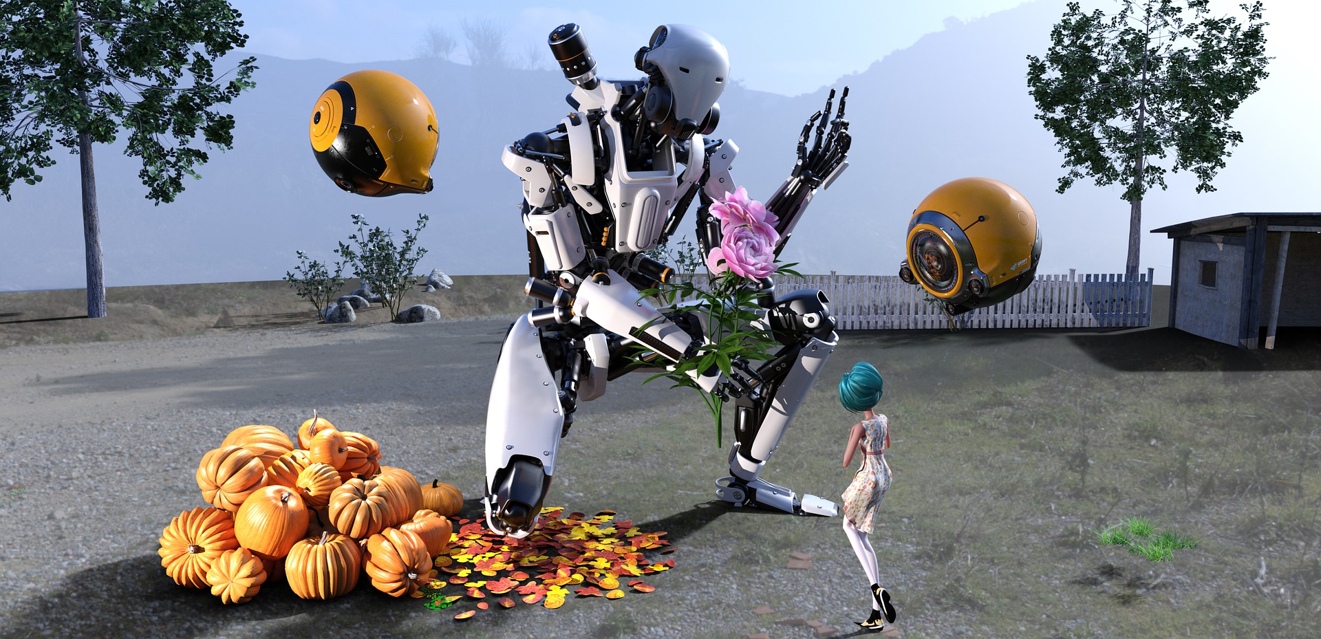 A robot offers flowers to a young woman.  Image by Pixabay user Hansuan_Fabregas